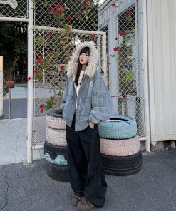 Unisex American Retro Fur Collar Hooded Jacket - Thickened Fleece Cotton Coat for Winter, High Street Trend, 90s Inspired Fashion