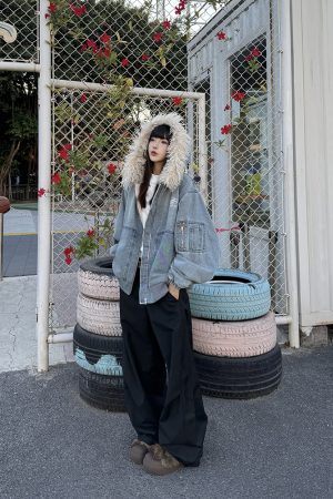 Unisex American Retro Fur Collar Hooded Jacket - Thickened Fleece Cotton Coat for Winter, High Street Trend, 90s Inspired Fashion