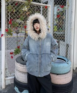 Unisex American Retro Fur Collar Hooded Jacket - Thickened Fleece Cotton Coat for Winter, High Street Trend, 90s Inspired Fashion