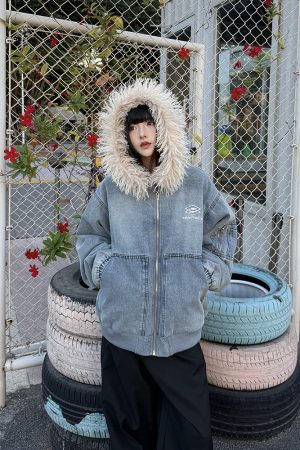 Unisex American Retro Fur Collar Hooded Jacket - Thickened Fleece Cotton Coat for Winter, High Street Trend, 90s Inspired Fashion