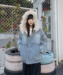 Unisex American Retro Fur Collar Hooded Jacket - Thickened Fleece Cotton Coat for Winter, High Street Trend, 90s Inspired Fashion