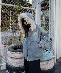 Unisex American Retro Fur Collar Hooded Jacket - Thickened Fleece Cotton Coat for Winter, High Street Trend, 90s Inspired Fashion