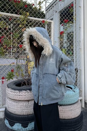 Unisex American Retro Fur Collar Hooded Jacket - Thickened Fleece Cotton Coat for Winter, High Street Trend, 90s Inspired Fashion
