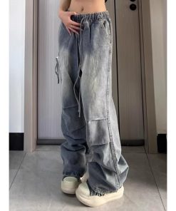 Unisex American Retro Pleated High Street Jeans - Loose Casual Straight-Leg Pants with Large Pockets for Spring & Summer Style