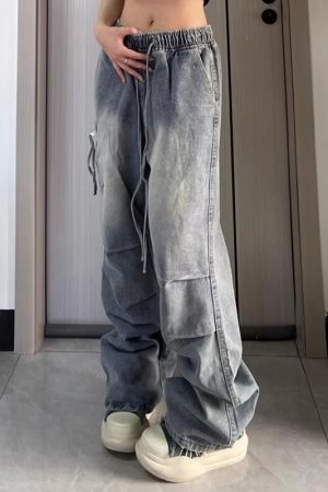 Unisex American Retro Pleated High Street Jeans - Loose Casual Straight-Leg Pants with Large Pockets for Spring & Summer Style