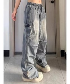 Unisex American Retro Pleated High Street Jeans - Loose Casual Straight-Leg Pants with Large Pockets for Spring & Summer Style