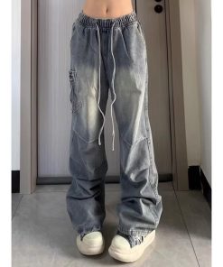 Unisex American Retro Pleated High Street Jeans - Loose Casual Straight-Leg Pants with Large Pockets for Spring & Summer Style