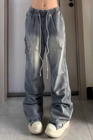 Unisex American Retro Pleated High Street Jeans - Loose Casual Straight-Leg Pants with Large Pockets for Spring & Summer Style