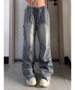 Unisex American Retro Pleated High Street Jeans - Loose Casual Straight-Leg Pants with Large Pockets for Spring & Summer Style