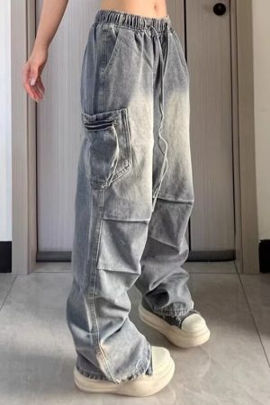 Unisex American Retro Pleated High Street Jeans - Loose Casual Straight-Leg Pants with Large Pockets for Spring & Summer Style