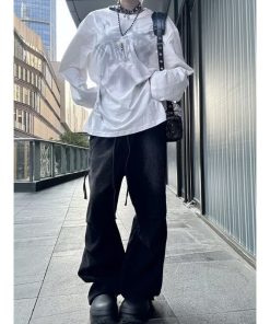 Unisex American Retro Pleated High Street Jeans - Loose Casual Straight-Leg Pants with Large Pockets for Spring & Summer Style