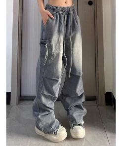 Unisex American Retro Pleated High Street Jeans - Loose Casual Straight-Leg Pants with Large Pockets for Spring & Summer Style