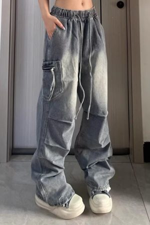 Unisex American Retro Pleated High Street Jeans - Loose Casual Straight-Leg Pants with Large Pockets for Spring & Summer Style