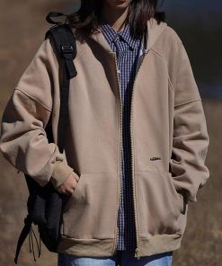 Unisex American Retro Solid Color Minimalist Cardigan Hoodie - Casual Loose Fit Couple Jacket for Autumn and Winter Fashion