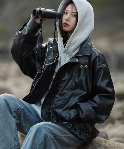 Unisex American Retro Street Pilot Leather Jacket, Loose Fit, Stylish Stand-Up Collar, Black Motorcycle Jacket for Spring and Autumn