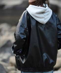 Unisex American Retro Street Pilot Leather Jacket, Loose Fit, Stylish Stand-Up Collar, Black Motorcycle Jacket for Spring and Autumn