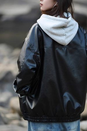 Unisex American Retro Street Pilot Leather Jacket, Loose Fit, Stylish Stand-Up Collar, Black Motorcycle Jacket for Spring and Autumn