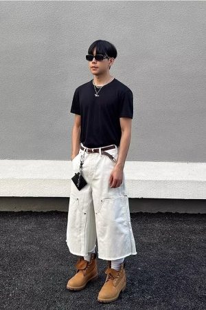 Unisex American Retro Studded Patchwork White Cargo Cropped Pants - Deconstructed High Street Denim Shorts for Men