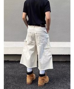 Unisex American Retro Studded Patchwork White Cargo Cropped Pants - Deconstructed High Street Denim Shorts for Men