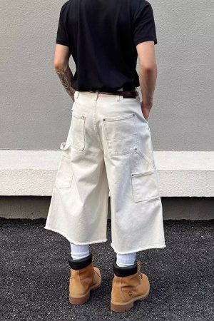 Unisex American Retro Studded Patchwork White Cargo Cropped Pants - Deconstructed High Street Denim Shorts for Men