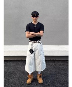 Unisex American Retro Studded Patchwork White Cargo Cropped Pants - Deconstructed High Street Denim Shorts for Men