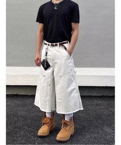 Unisex American Retro Studded Patchwork White Cargo Cropped Pants - Deconstructed High Street Denim Shorts for Men