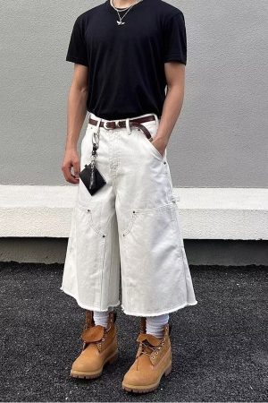 Unisex American Retro Studded Patchwork White Cargo Cropped Pants - Deconstructed High Street Denim Shorts for Men