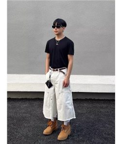 Unisex American Retro Studded Patchwork White Cargo Cropped Pants - Deconstructed High Street Denim Shorts for Men