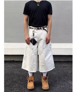 Unisex American Retro Studded Patchwork White Cargo Cropped Pants - Deconstructed High Street Denim Shorts for Men