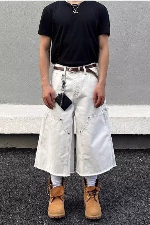 Unisex American Retro Studded Patchwork White Cargo Cropped Pants - Deconstructed High Street Denim Shorts for Men