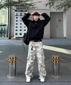 Unisex American Retro White Camouflage Work Pants - Trendy Loose Wide-Leg Lumberjack Style for High Street Fashion