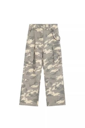 Unisex American Retro White Camouflage Work Pants - Trendy Loose Wide-Leg Lumberjack Style for High Street Fashion