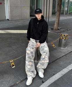 Unisex American Retro White Camouflage Work Pants - Trendy Loose Wide-Leg Lumberjack Style for High Street Fashion