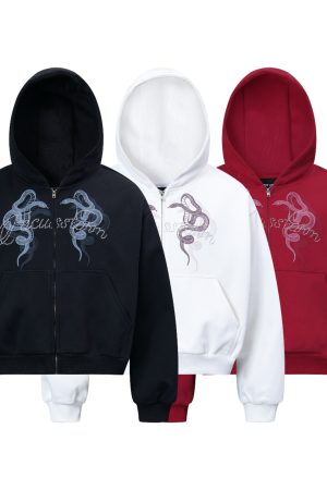 Unisex American Street Style Snake Print Hoodie Jacket Cardigan - Retro Short Top for Men and Women, Y2K Fashion