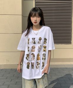 Unisex American Vintage Dog Print Short Sleeve T-Shirt - Heavyweight Pure Cotton, Loose Fit, Trendy National Style, Perfect for Couples