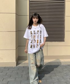 Unisex American Vintage Dog Print Short Sleeve T-Shirt - Heavyweight Pure Cotton, Loose Fit, Trendy National Style, Perfect for Couples