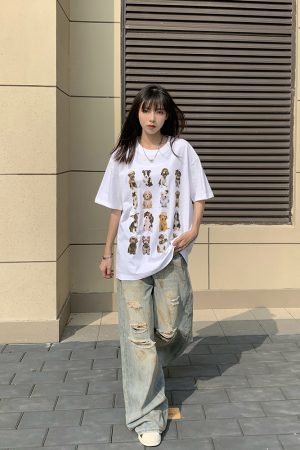 Unisex American Vintage Dog Print Short Sleeve T-Shirt - Heavyweight Pure Cotton, Loose Fit, Trendy National Style, Perfect for Couples