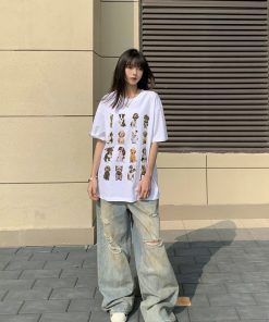 Unisex American Vintage Dog Print Short Sleeve T-Shirt - Heavyweight Pure Cotton, Loose Fit, Trendy National Style, Perfect for Couples