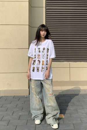 Unisex American Vintage Dog Print Short Sleeve T-Shirt - Heavyweight Pure Cotton, Loose Fit, Trendy National Style, Perfect for Couples