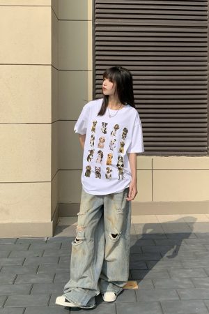 Unisex American Vintage Dog Print Short Sleeve T-Shirt - Heavyweight Pure Cotton, Loose Fit, Trendy National Style, Perfect for Couples
