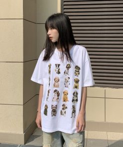 Unisex American Vintage Dog Print Short Sleeve T-Shirt - Heavyweight Pure Cotton, Loose Fit, Trendy National Style, Perfect for Couples