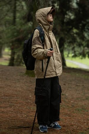 Unisex Autumn Japanese Retro Color-Block Waterproof Hooded Jacket - BF Style Outdoor Workwear Coat