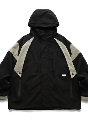 Unisex Autumn Japanese Retro Color-Block Waterproof Hooded Jacket - BF Style Outdoor Workwear Coat