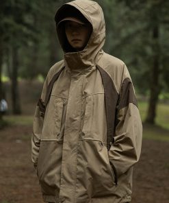 Unisex Autumn Japanese Retro Color-Block Waterproof Hooded Jacket - BF Style Outdoor Workwear Coat