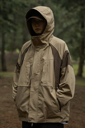 Unisex Autumn Japanese Retro Color-Block Waterproof Hooded Jacket - BF Style Outdoor Workwear Coat