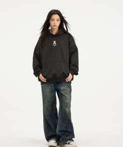 Unisex Bear Embroidery Pullover Hoodie - 2025 Autumn/Winter Fashion, Cozy Streetwear Jacket