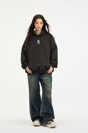 Unisex Bear Embroidery Pullover Hoodie - 2025 Autumn/Winter Fashion, Cozy Streetwear Jacket