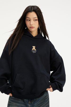 Unisex Bear Embroidery Pullover Hoodie - 2025 Autumn/Winter Fashion, Cozy Streetwear Jacket