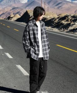 Unisex Black and White Checkered Shirt Jacket - Versatile American Retro Loose Style for Spring and Autumn, Trendy Fashion Statement