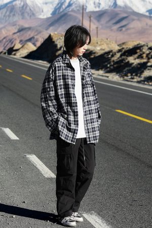 Unisex Black and White Checkered Shirt Jacket - Versatile American Retro Loose Style for Spring and Autumn, Trendy Fashion Statement